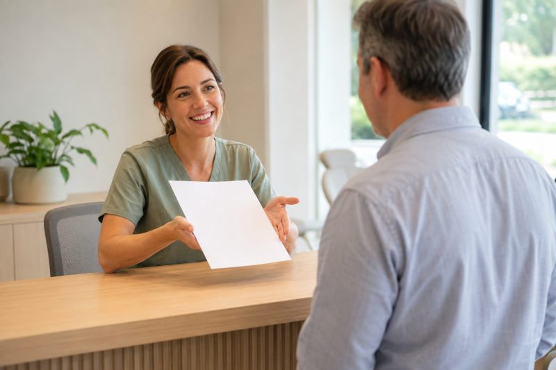 Front desk going through a treatment estimate with a patient